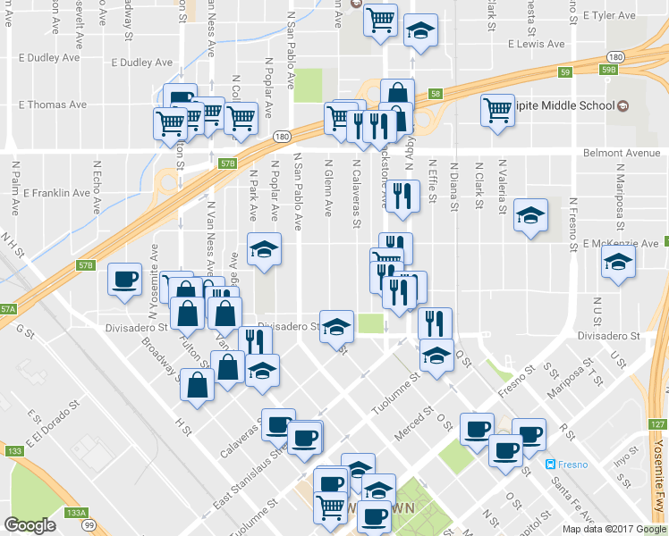 map of restaurants, bars, coffee shops, grocery stores, and more near 208 North Glenn Avenue in Fresno