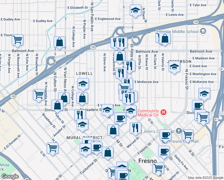 map of restaurants, bars, coffee shops, grocery stores, and more near 253 North Calaveras Street in Fresno