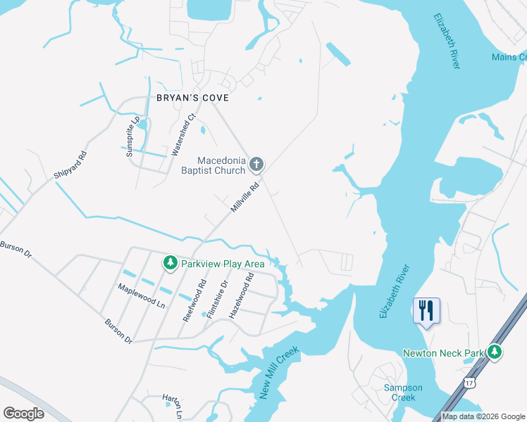 map of restaurants, bars, coffee shops, grocery stores, and more near 1653 Shipyard Road in Chesapeake