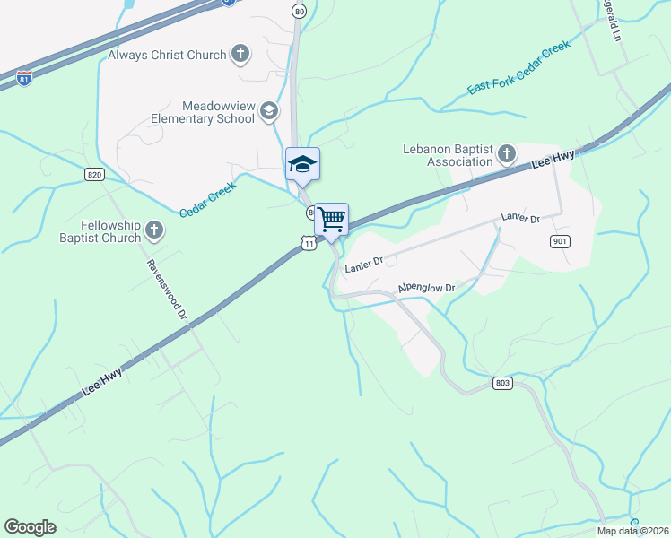 map of restaurants, bars, coffee shops, grocery stores, and more near 14261 Cedar Creek Road in Meadowview