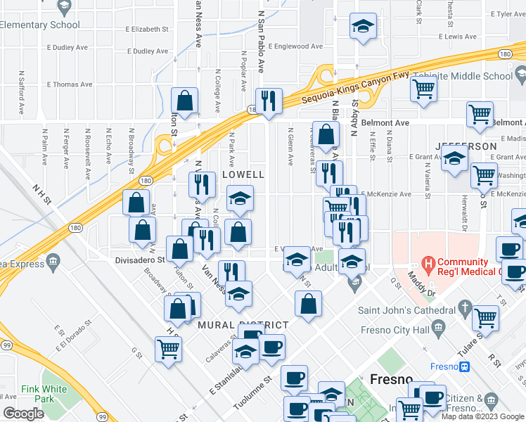 map of restaurants, bars, coffee shops, grocery stores, and more near 257 North San Pablo Avenue in Fresno
