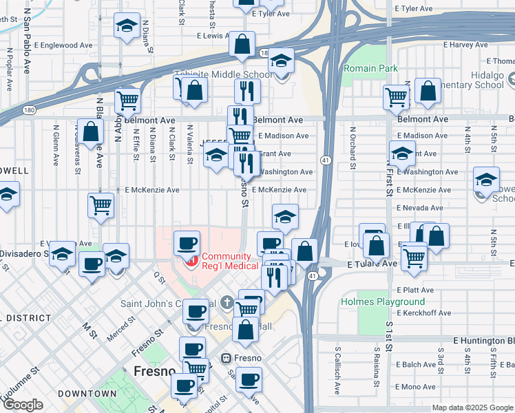 map of restaurants, bars, coffee shops, grocery stores, and more near 230 Fresno Street in Fresno