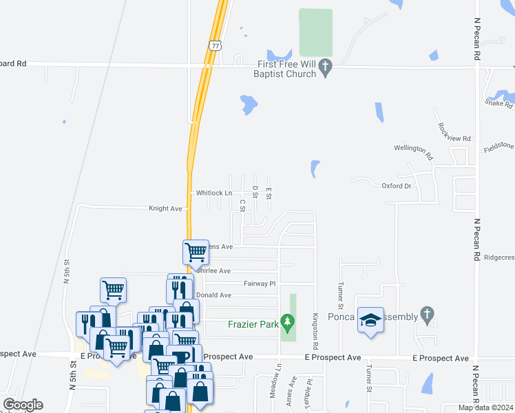 map of restaurants, bars, coffee shops, grocery stores, and more near 3413 Crown Street in Ponca City