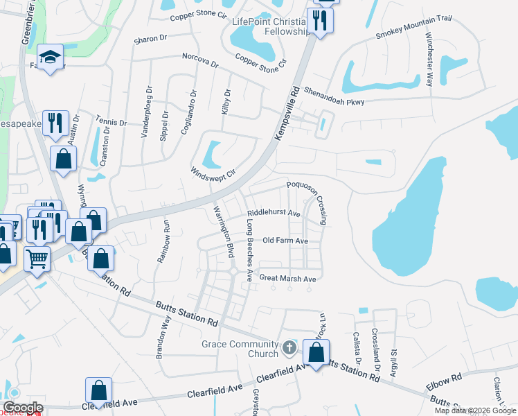map of restaurants, bars, coffee shops, grocery stores, and more near 820 Riddlehurst Avenue in Chesapeake