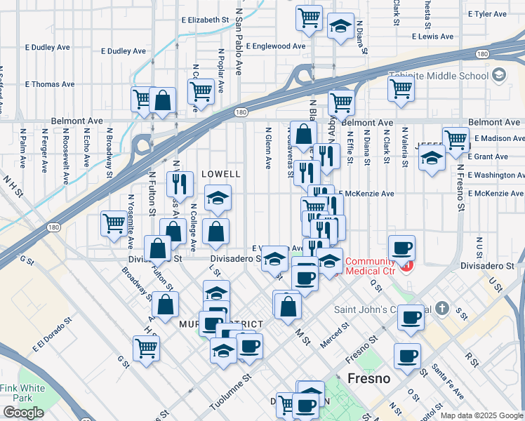 map of restaurants, bars, coffee shops, grocery stores, and more near 249 North Glenn Avenue in Fresno