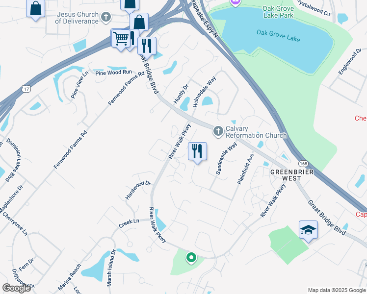 map of restaurants, bars, coffee shops, grocery stores, and more near 810 Royal Grove Court in Chesapeake
