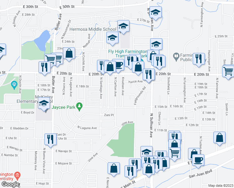 map of restaurants, bars, coffee shops, grocery stores, and more near 1514 North Carlton Avenue in Farmington