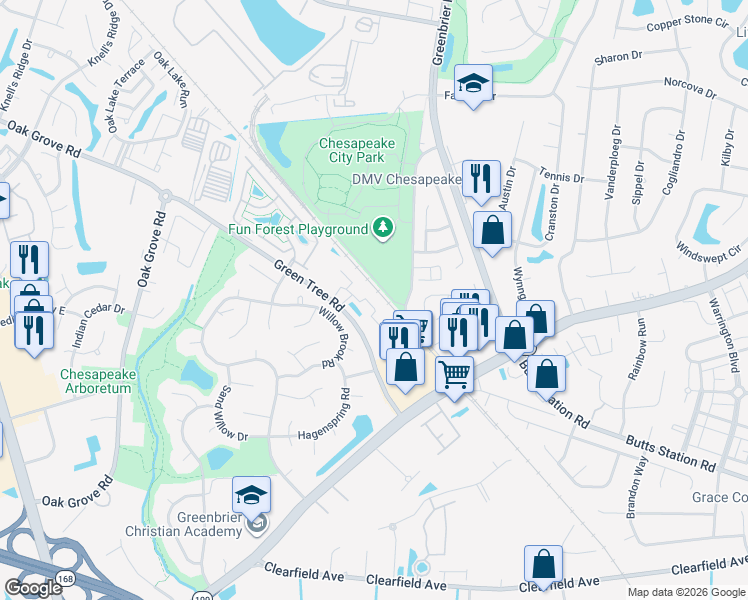 map of restaurants, bars, coffee shops, grocery stores, and more near 670 Lacy Oak Drive in Chesapeake