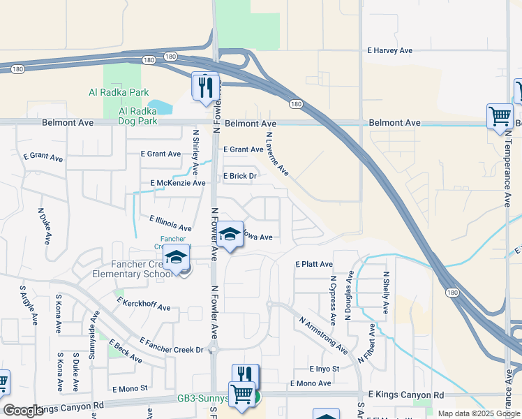 map of restaurants, bars, coffee shops, grocery stores, and more near 639 North Laverne Avenue in Fresno
