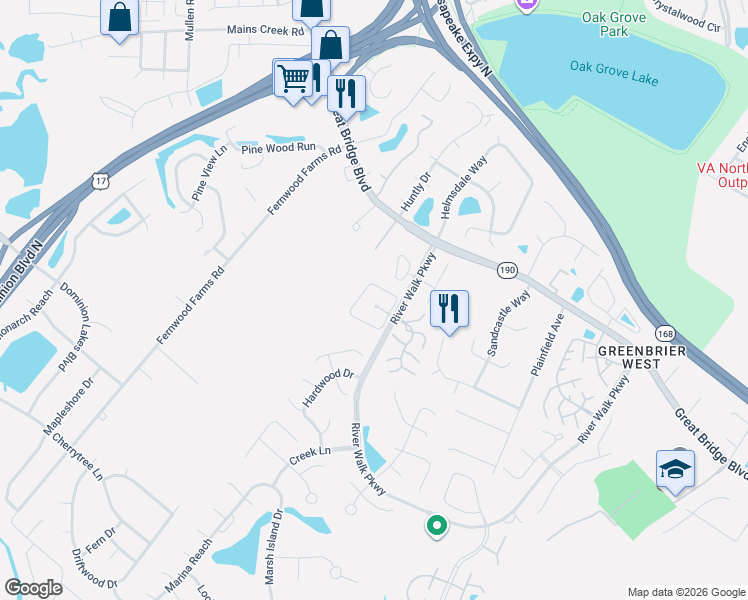 map of restaurants, bars, coffee shops, grocery stores, and more near 800 Shenandoah River Road in Chesapeake