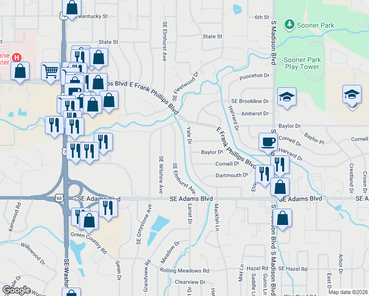 map of restaurants, bars, coffee shops, grocery stores, and more near 601 Yale Drive in Bartlesville