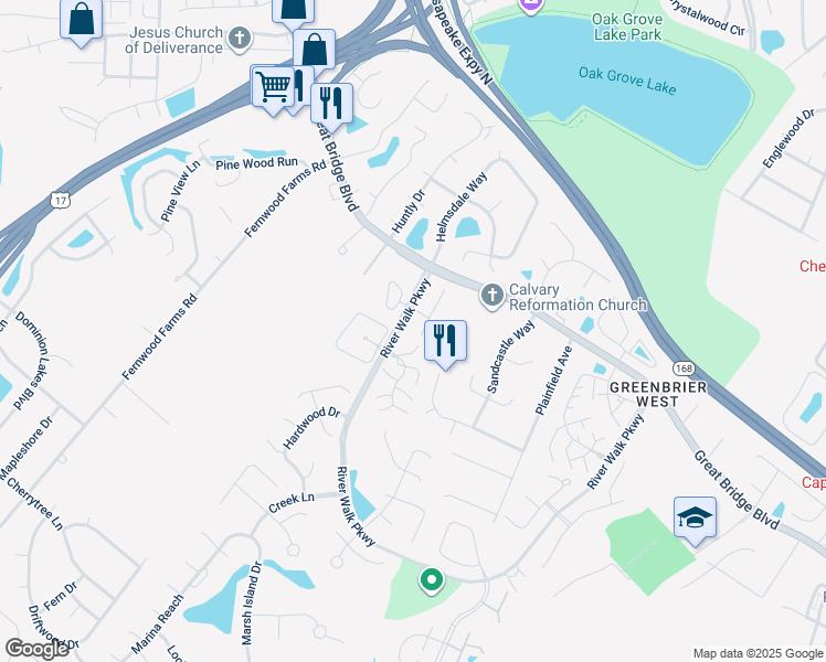 map of restaurants, bars, coffee shops, grocery stores, and more near 810 Royal Grove Court in Chesapeake