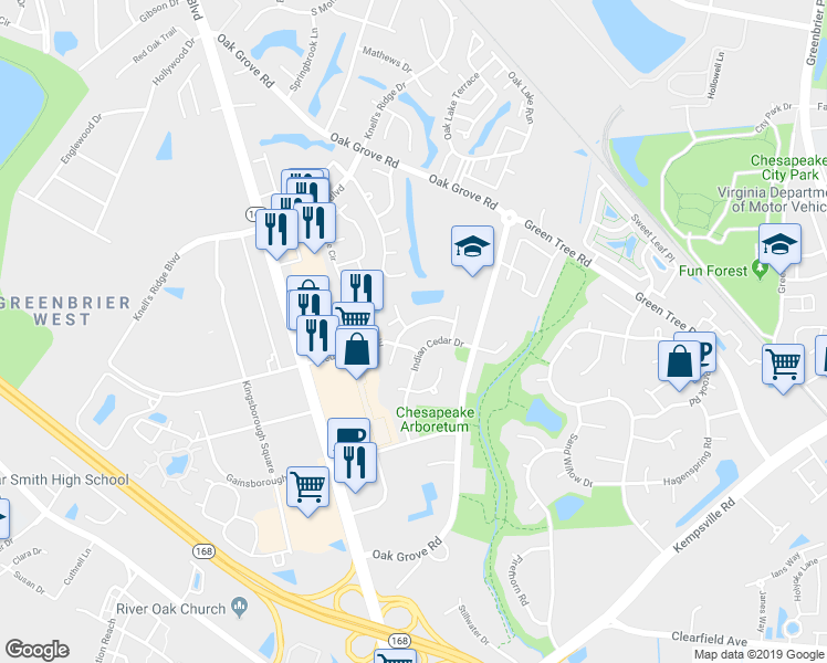 map of restaurants, bars, coffee shops, grocery stores, and more near 809 Shadowberry Crest in Chesapeake