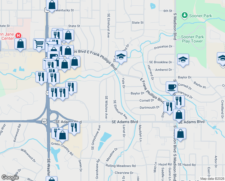 map of restaurants, bars, coffee shops, grocery stores, and more near 548 Southeast Wilshire Avenue in Bartlesville