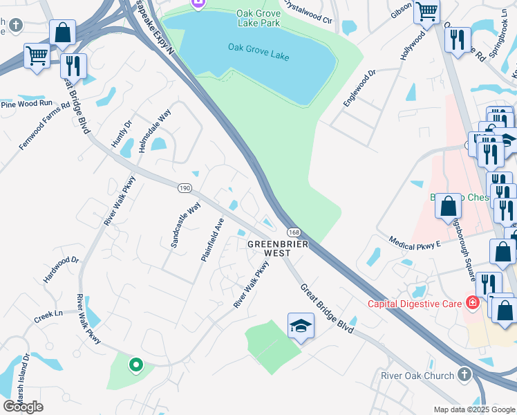 map of restaurants, bars, coffee shops, grocery stores, and more near Bettes Way in Chesapeake