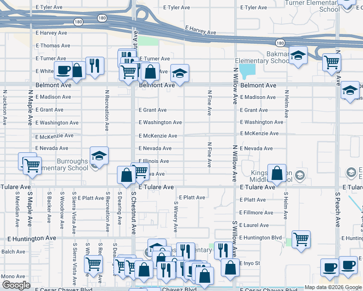 map of restaurants, bars, coffee shops, grocery stores, and more near 4912 East Nevada Avenue in Fresno