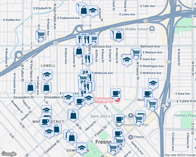 map of restaurants, bars, coffee shops, grocery stores, and more near 215 North Effie Street in Fresno