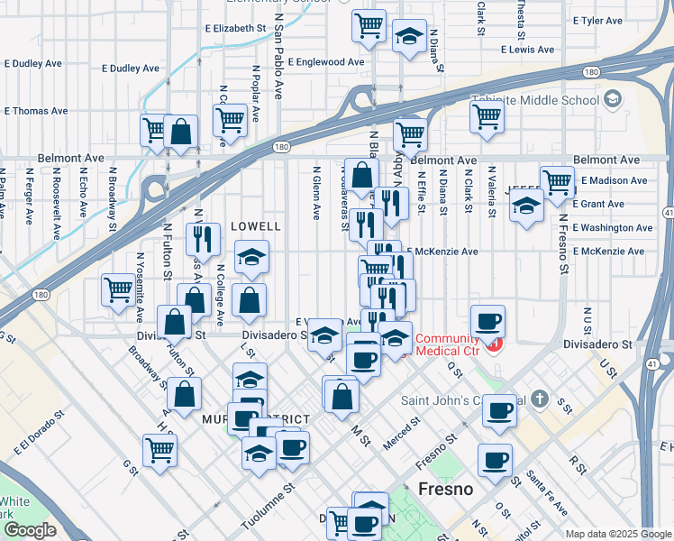 map of restaurants, bars, coffee shops, grocery stores, and more near 208 North Glenn Avenue in Fresno