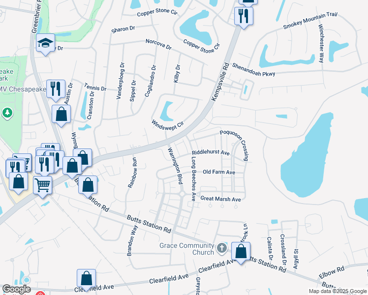 map of restaurants, bars, coffee shops, grocery stores, and more near 1120 Winsford Lane in Chesapeake