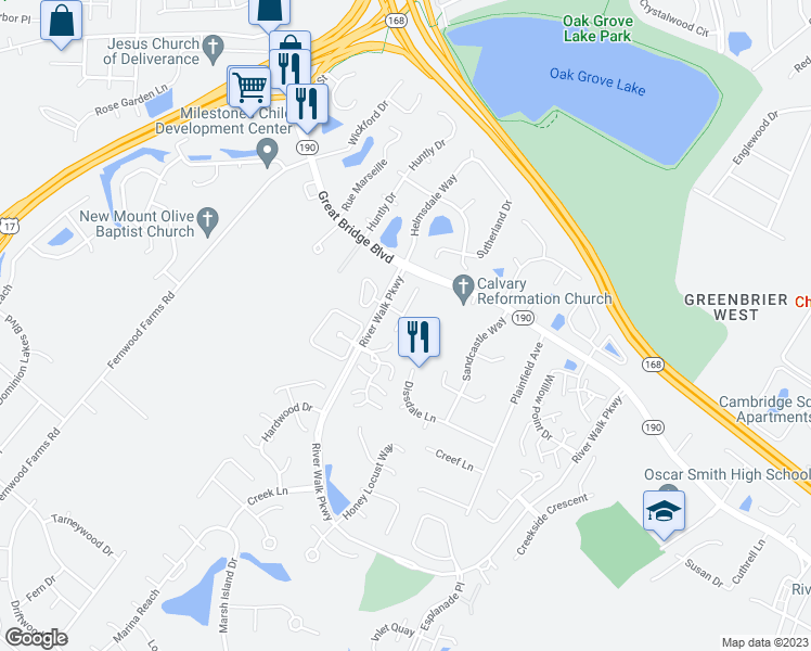 map of restaurants, bars, coffee shops, grocery stores, and more near 823 Royal Grove Court in Chesapeake