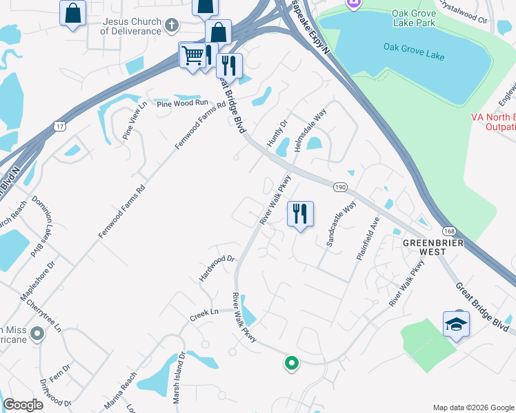map of restaurants, bars, coffee shops, grocery stores, and more near 800 Shenandoah River Road in Chesapeake
