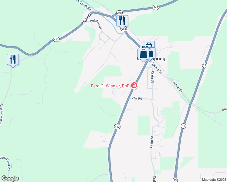 map of restaurants, bars, coffee shops, grocery stores, and more near 130 Woodland Drive in Reeds Spring