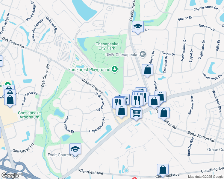 map of restaurants, bars, coffee shops, grocery stores, and more near 670 Lacy Oak Drive in Chesapeake