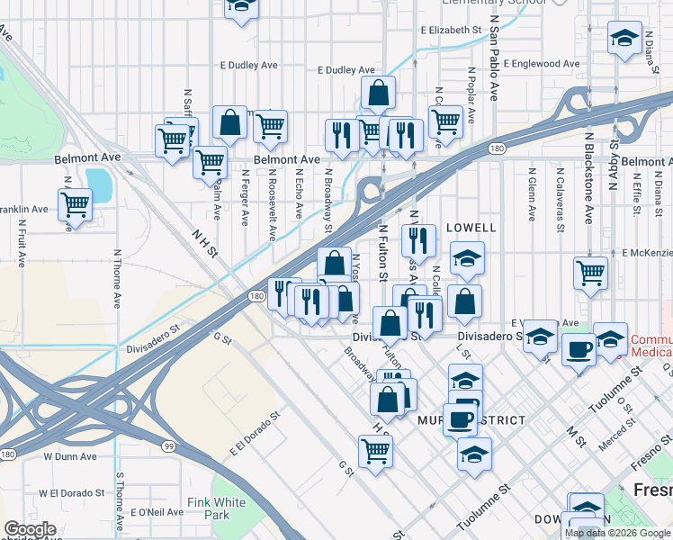 map of restaurants, bars, coffee shops, grocery stores, and more near 175 North Yosemite Avenue in Fresno