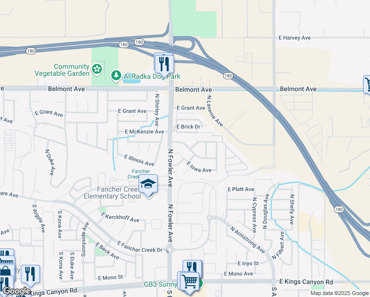 map of restaurants, bars, coffee shops, grocery stores, and more near 6077 East Illinois Avenue in Fresno