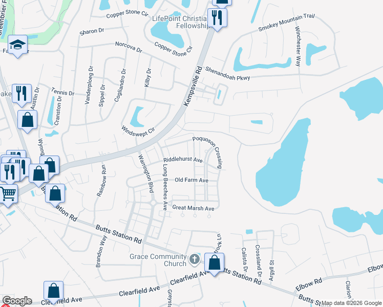 map of restaurants, bars, coffee shops, grocery stores, and more near 1104 Walnut Neck Avenue in Chesapeake