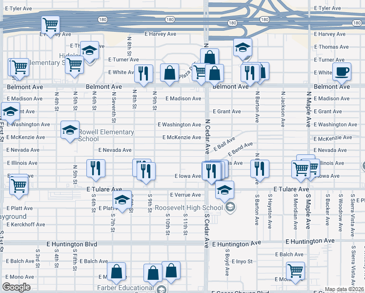 map of restaurants, bars, coffee shops, grocery stores, and more near 235 North 11th Street in Fresno