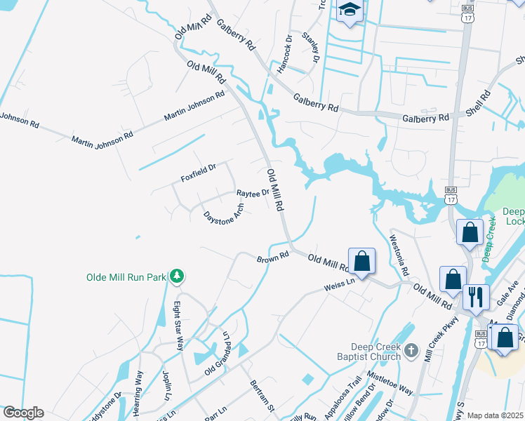 map of restaurants, bars, coffee shops, grocery stores, and more near 3304 Georgie Court in Chesapeake