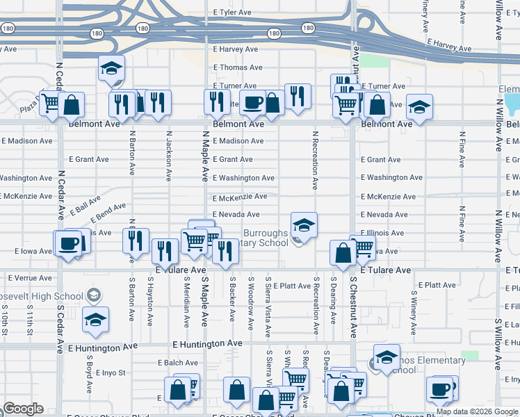 map of restaurants, bars, coffee shops, grocery stores, and more near 4680 East Nevada Avenue in Fresno