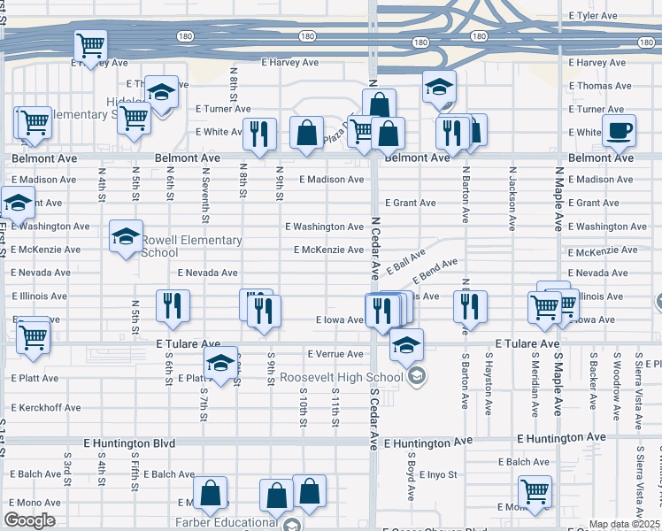 map of restaurants, bars, coffee shops, grocery stores, and more near 235 North 11th Street in Fresno