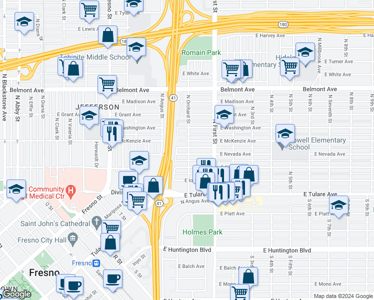 map of restaurants, bars, coffee shops, grocery stores, and more near 221 North Orchard Street in Fresno