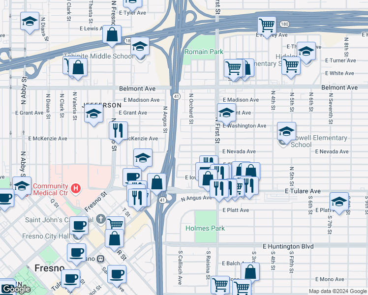 map of restaurants, bars, coffee shops, grocery stores, and more near 221 North Orchard Street in Fresno