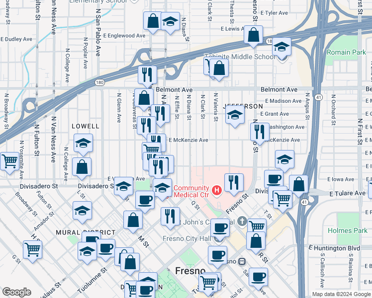 map of restaurants, bars, coffee shops, grocery stores, and more near 217 North Diana Street in Fresno