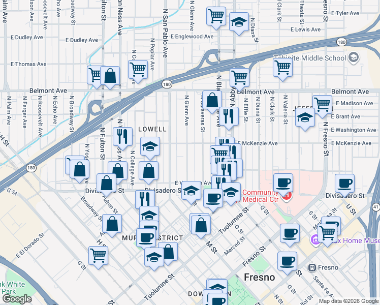 map of restaurants, bars, coffee shops, grocery stores, and more near 208 North Glenn Avenue in Fresno