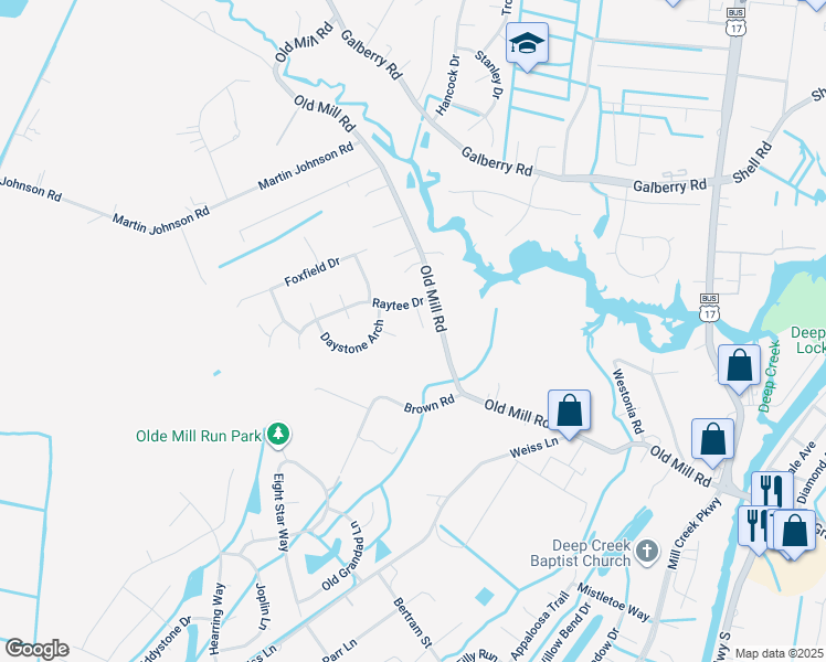 map of restaurants, bars, coffee shops, grocery stores, and more near 3304 Georgie Court in Chesapeake