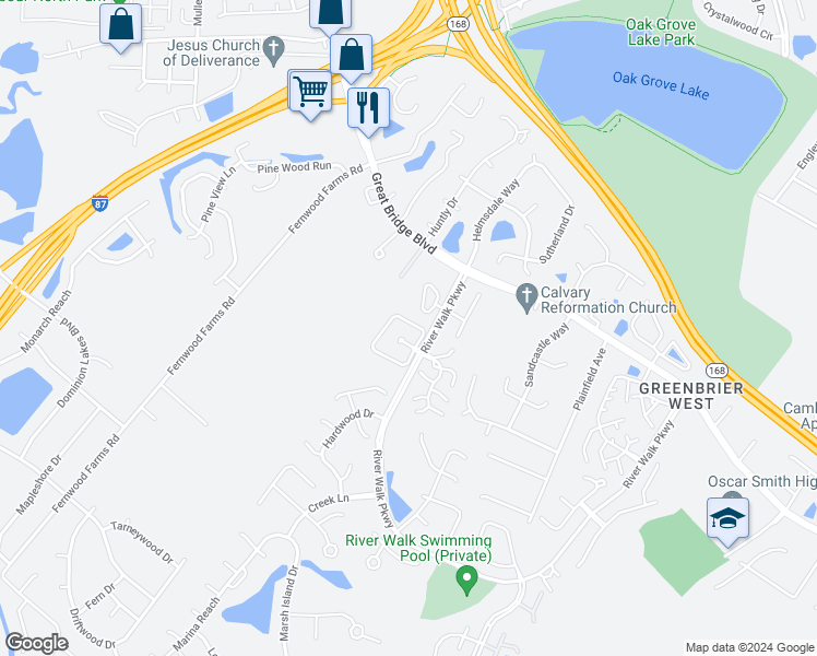map of restaurants, bars, coffee shops, grocery stores, and more near 812 Rivanna River Reach in Chesapeake