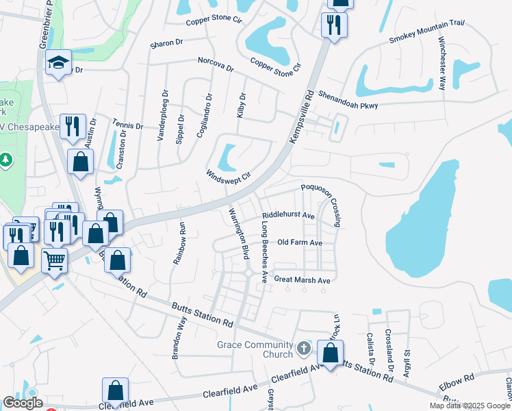 map of restaurants, bars, coffee shops, grocery stores, and more near 1125 Winsford Lane in Chesapeake