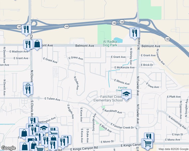 map of restaurants, bars, coffee shops, grocery stores, and more near 5840 East Illinois Avenue in Fresno