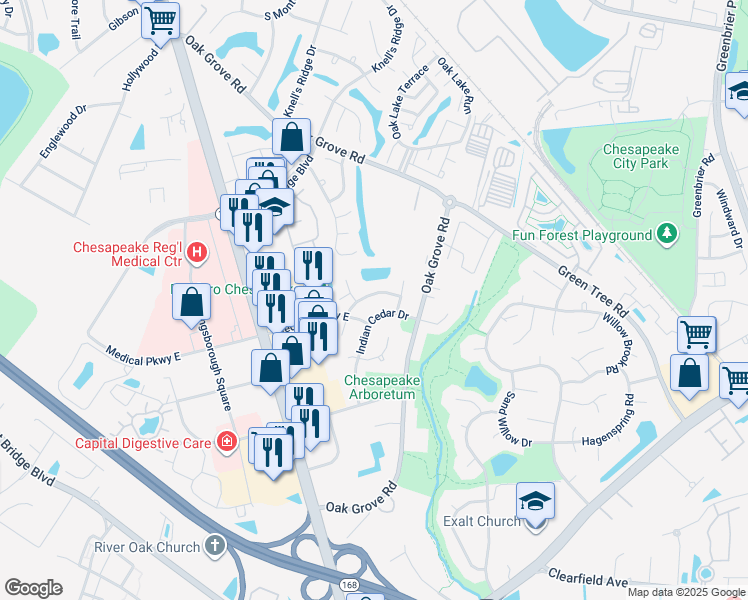 map of restaurants, bars, coffee shops, grocery stores, and more near 817 Shadowberry Crest in Chesapeake