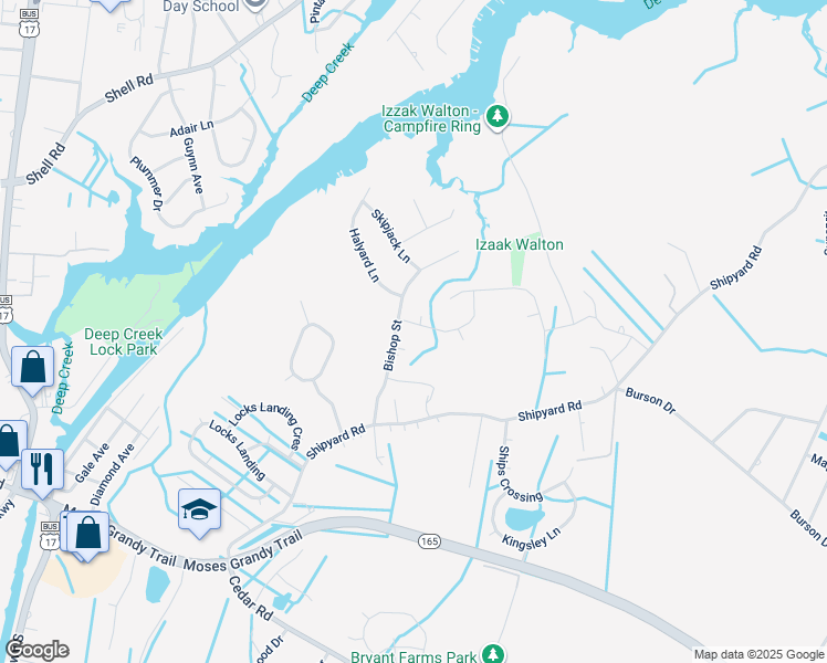 map of restaurants, bars, coffee shops, grocery stores, and more near 2273 Grace Street in Chesapeake