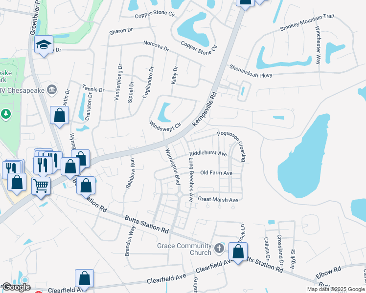 map of restaurants, bars, coffee shops, grocery stores, and more near Winsford Lane in Chesapeake