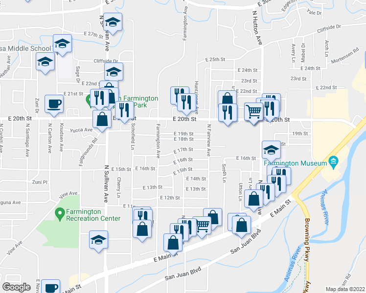 map of restaurants, bars, coffee shops, grocery stores, and more near 2312 East 17th Street in Farmington