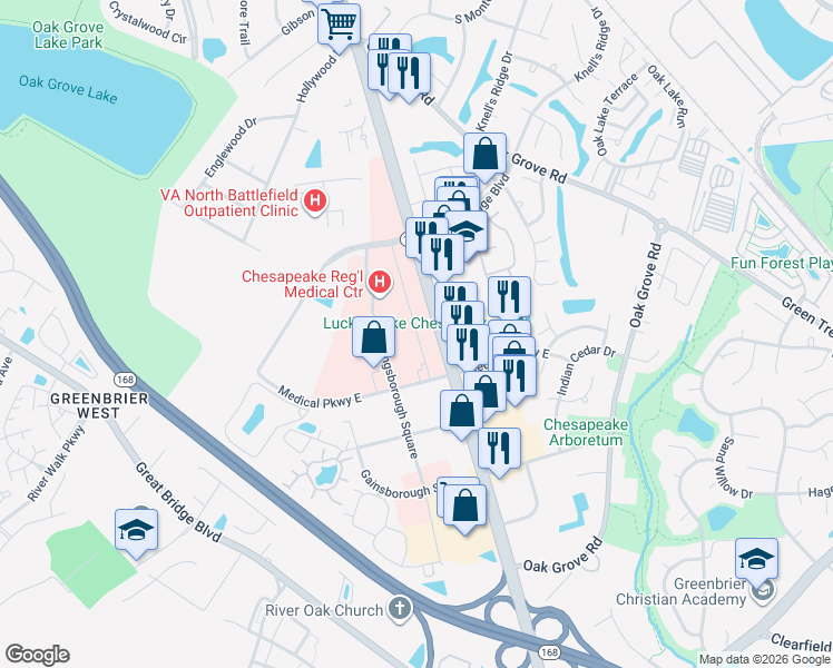 map of restaurants, bars, coffee shops, grocery stores, and more near 736 North Battlefield Boulevard in Chesapeake