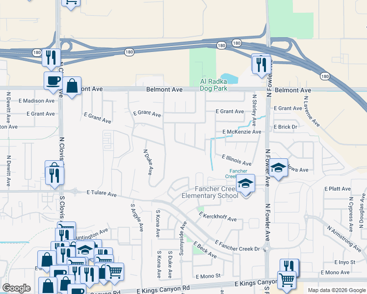 map of restaurants, bars, coffee shops, grocery stores, and more near 5840 East Illinois Avenue in Fresno