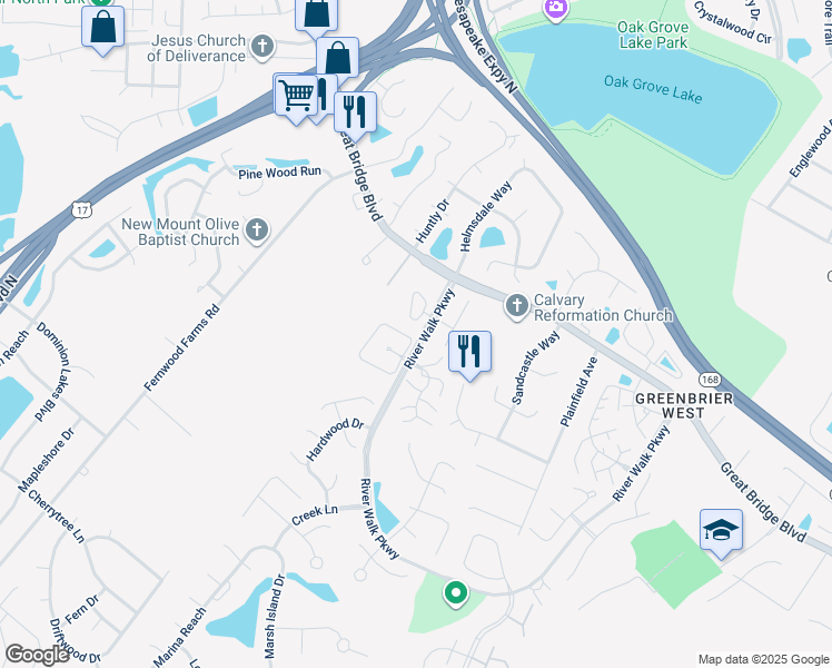 map of restaurants, bars, coffee shops, grocery stores, and more near 801 Rivanna River Reach in Chesapeake