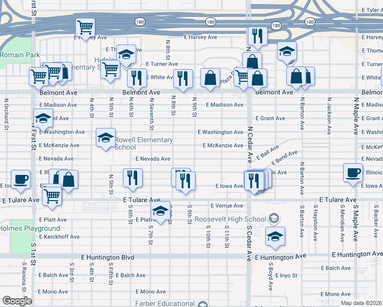 map of restaurants, bars, coffee shops, grocery stores, and more near 3831 East McKenzie Avenue in Fresno